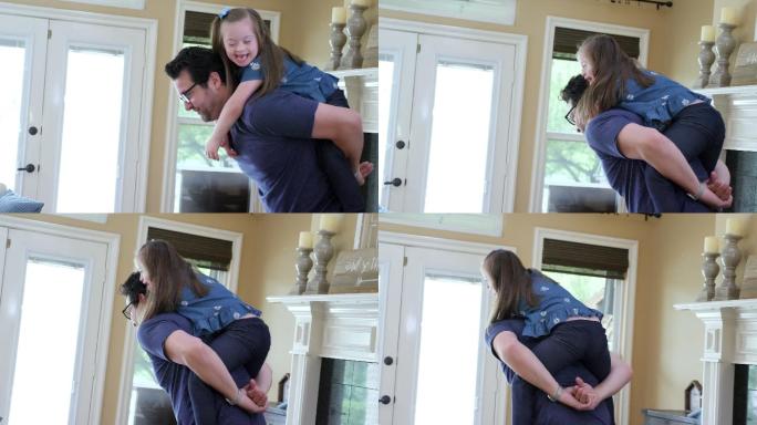 患有唐氏综合症的小女孩骑在她爸爸的背上
