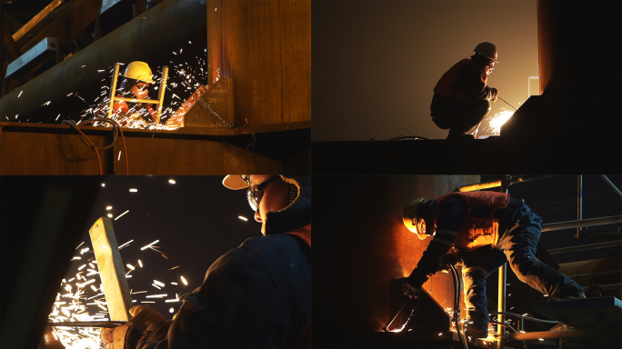 工人夜间火花四溅电焊工作视频素材
