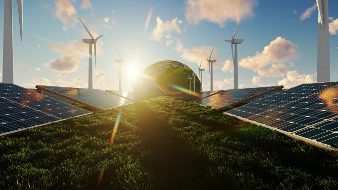 4K绿色地球太阳能光伏新能源日出