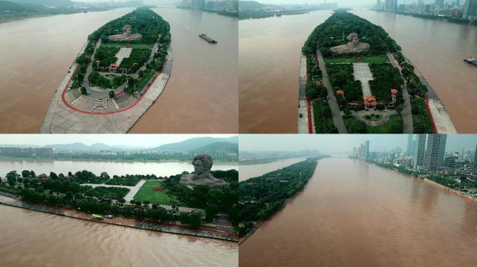 4K湘江雨季涨水洪水航拍空镜