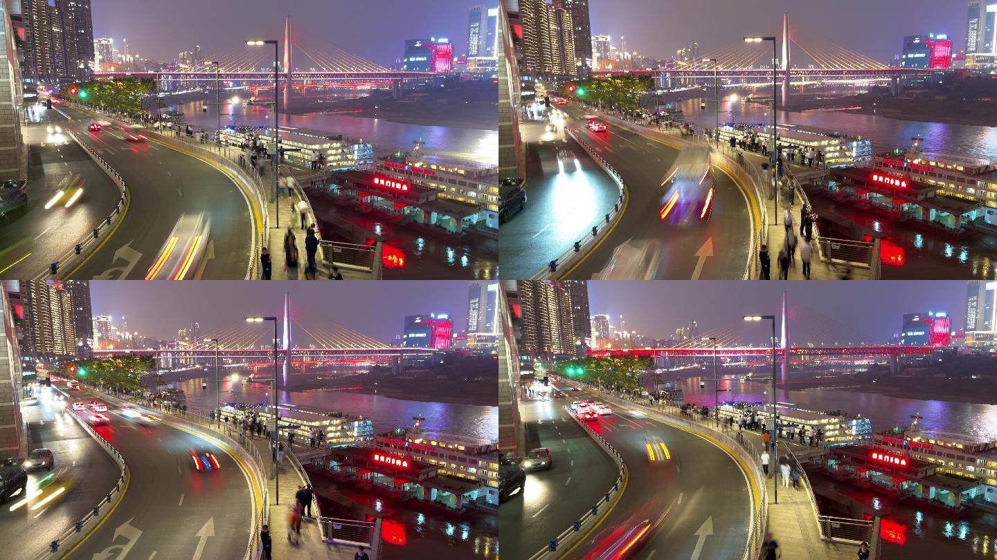 重庆长江大桥码头岸边灯光车流人流夜景慢门