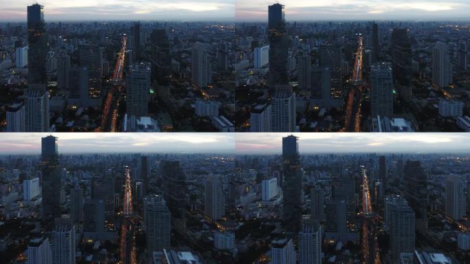 曼谷城市景观早上城市夜景航拍空镜大厦写字