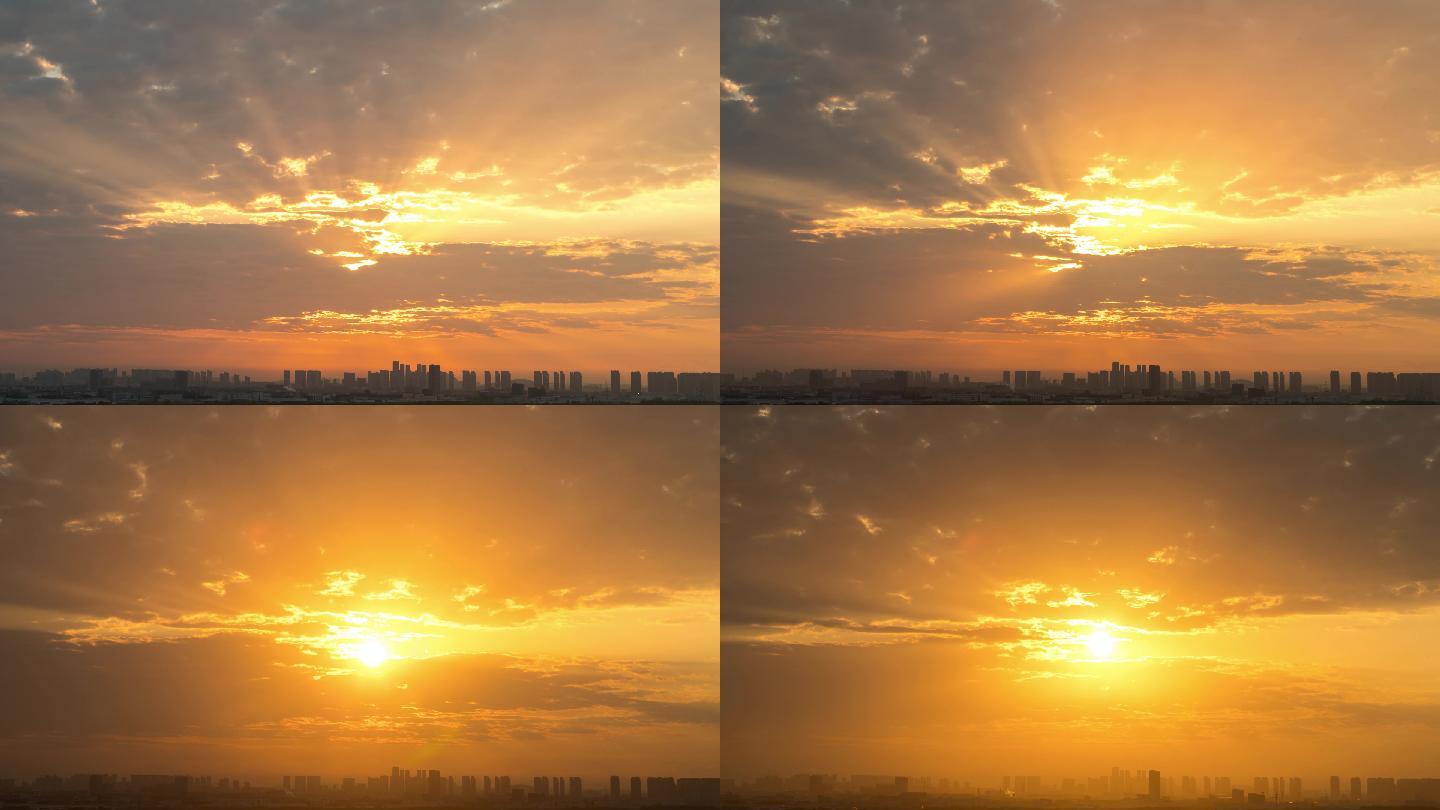 4K延时摄影逆光城市上空的日出风景视频