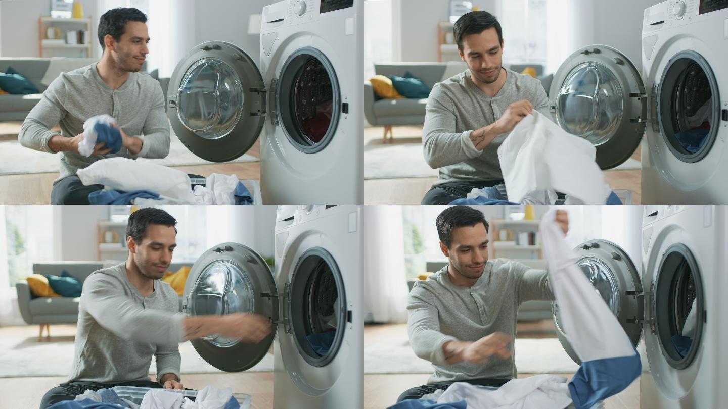 他把脏衣服装进洗衣机