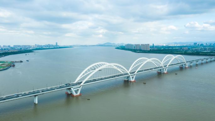 4K航拍浙江杭州钱塘江九堡大桥延时摄影