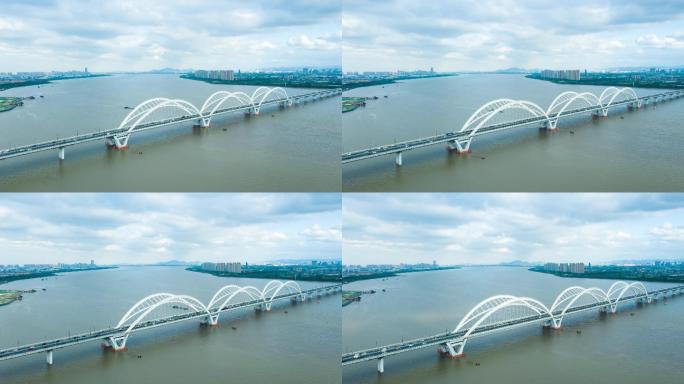 4K航拍浙江杭州钱塘江九堡大桥延时摄影