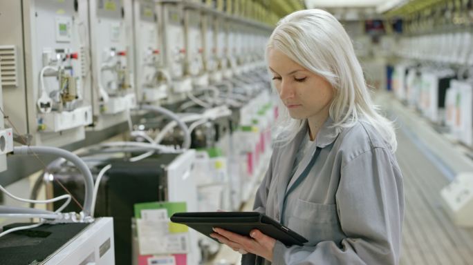 女员工在工厂里检查产品数据