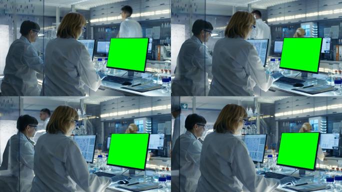男女科学家在电脑（模拟绿色屏幕）上工作