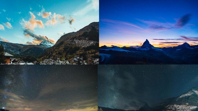 4K瑞士阿尔卑斯雪山星空日转夜延时摄影