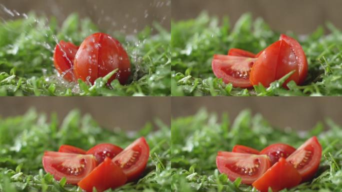 慢镜头中切碎的红番茄