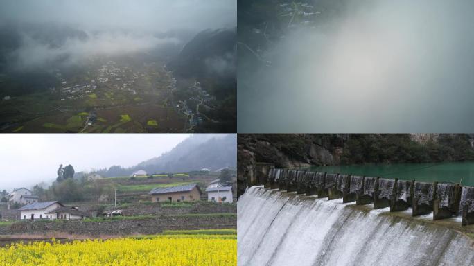 美丽乡村油菜花盛开雾景航拍