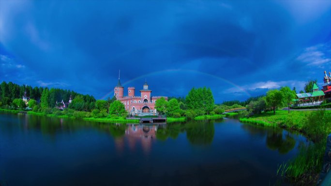 唯美蓝天彩虹城堡延时摄影