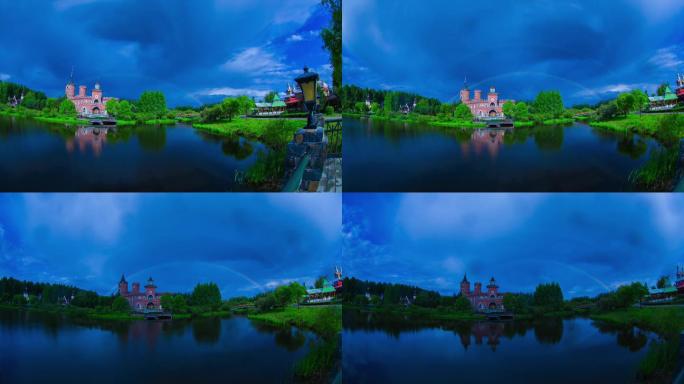 唯美蓝天彩虹城堡延时摄影