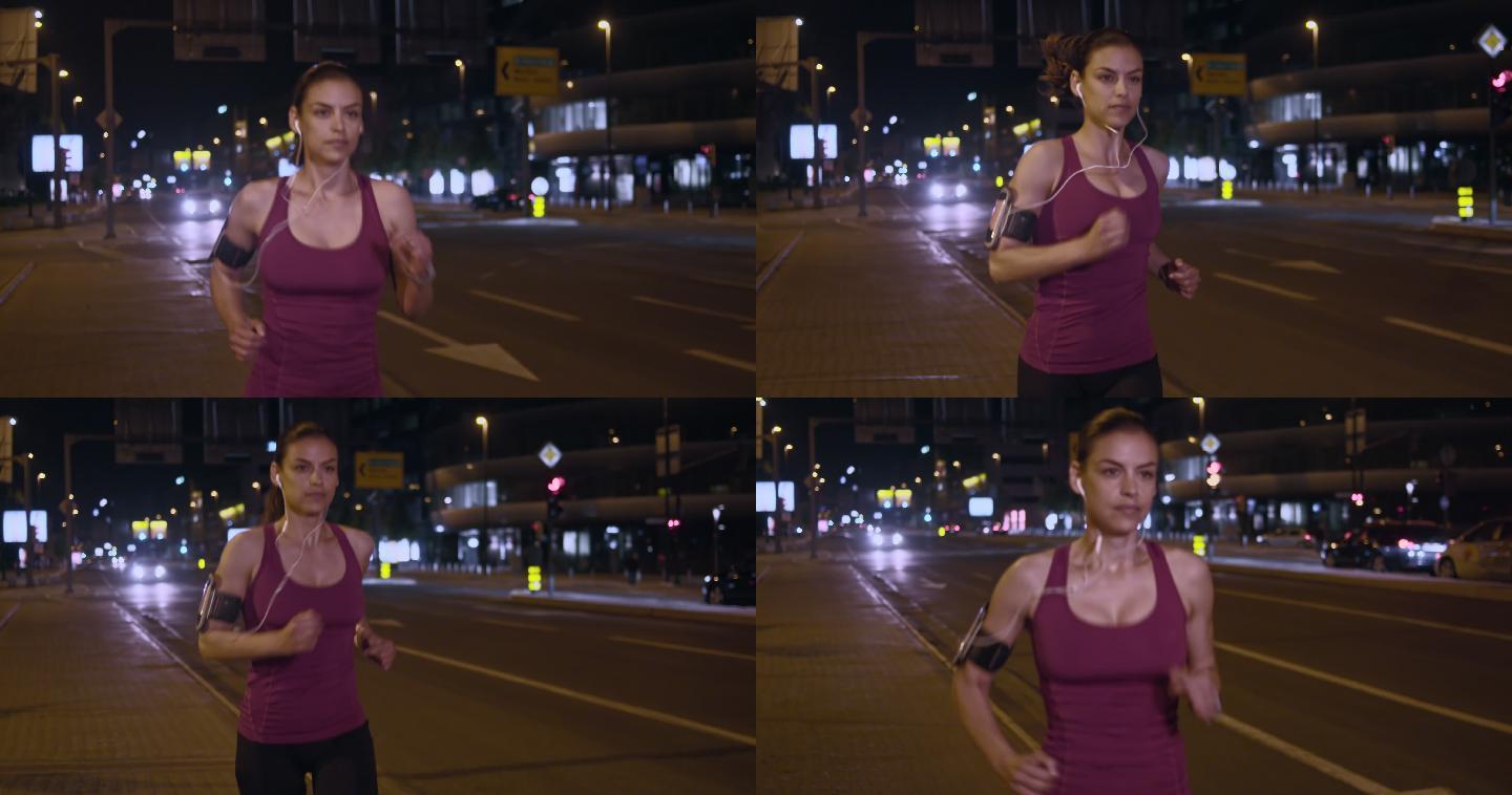 一个晚上在城里跑步的女人
