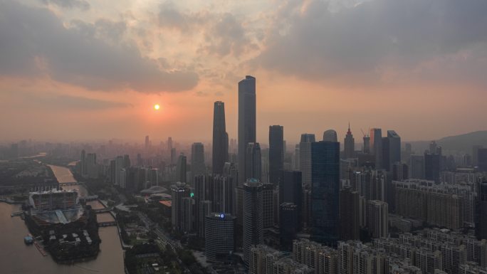 广州珠江新城日落航拍延时摄影
