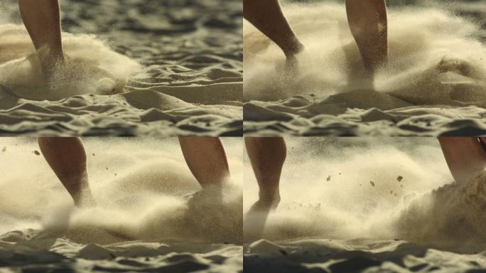 赤脚在沙滩上滑行跑步打球滑行