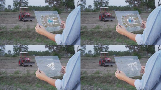 农民使用便携式平板电脑检查农业发动机