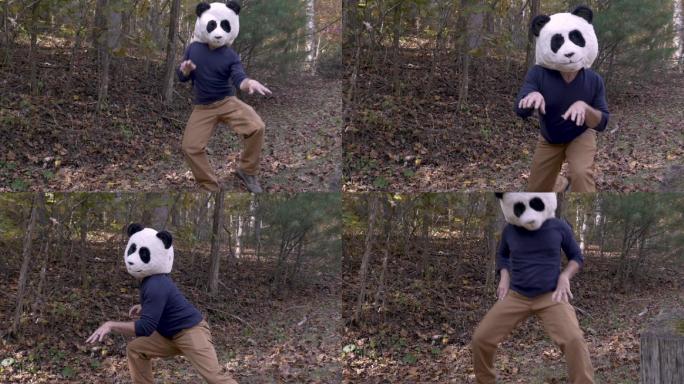 一个戴着熊猫头面具在公园外跳舞的男人