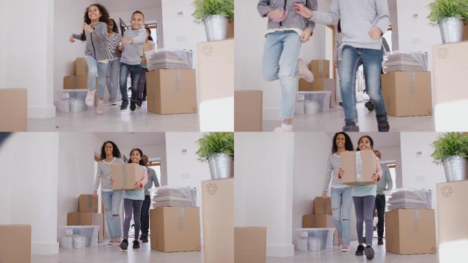 激动的一家人提着箱子搬进新家-慢镜头