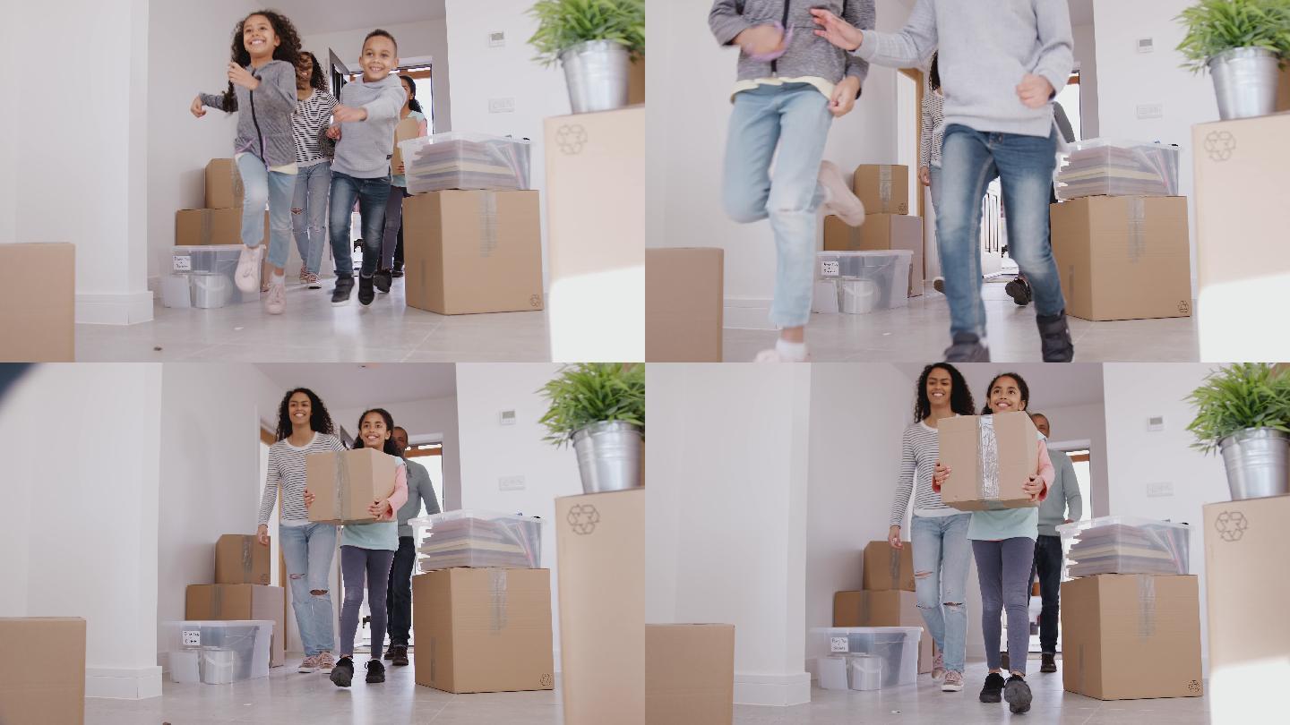 激动的一家人提着箱子搬进新家-慢镜头