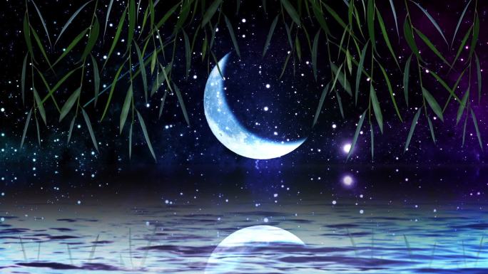 夜晚水面月亮垂柳舞台背景