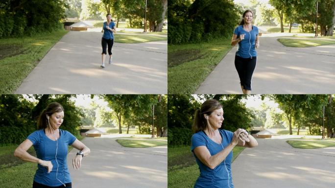 高级女运动员在公园跑道上慢跑