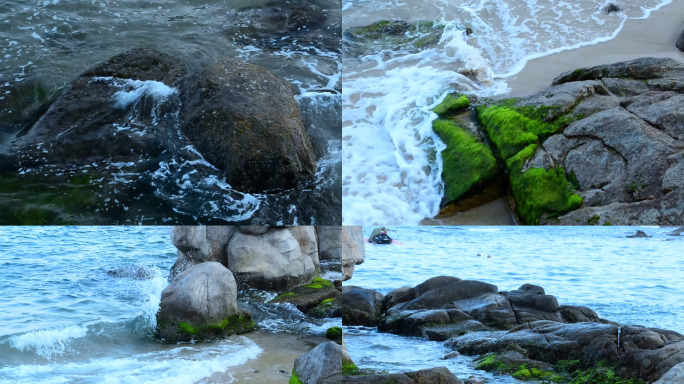 大梅沙海边浪花拍岸边岩石青苔实拍