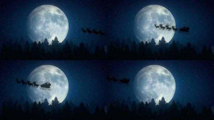 圣诞老人在月亮前飞翔