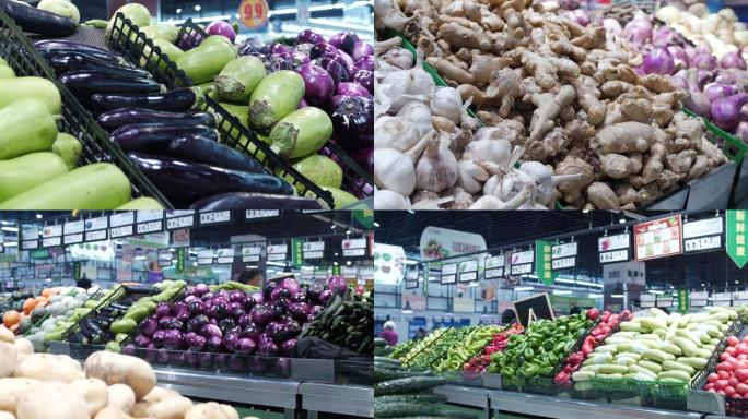 超市生鲜蔬菜货架上的各种蔬菜4k