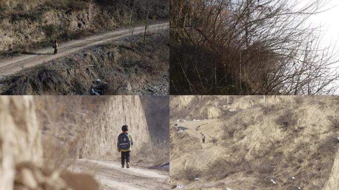 甘肃黄土地留守儿童男孩上学路