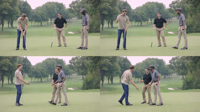 三个朋友在打高尔夫球聊天