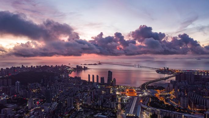 航拍珠海拱北与港珠澳大桥日出4k