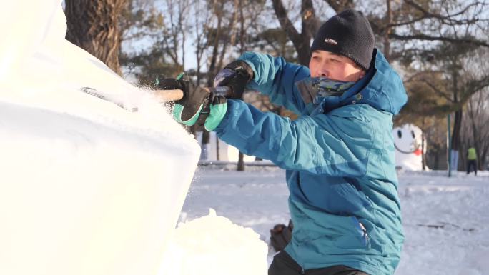 冬季冰雕雪雕比赛雪博会制作雪雕过程