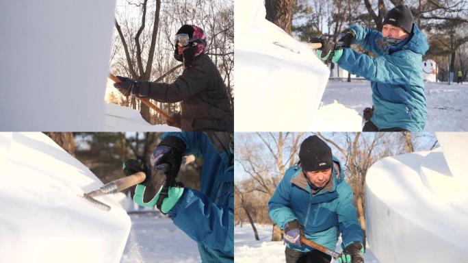 冬季冰雕雪雕比赛雪博会制作雪雕过程