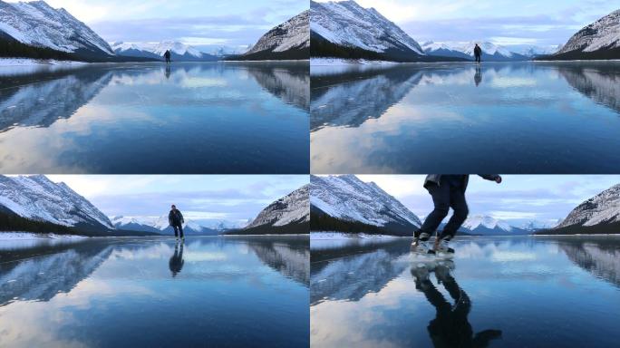 年轻人独自在美丽的山湖上滑冰