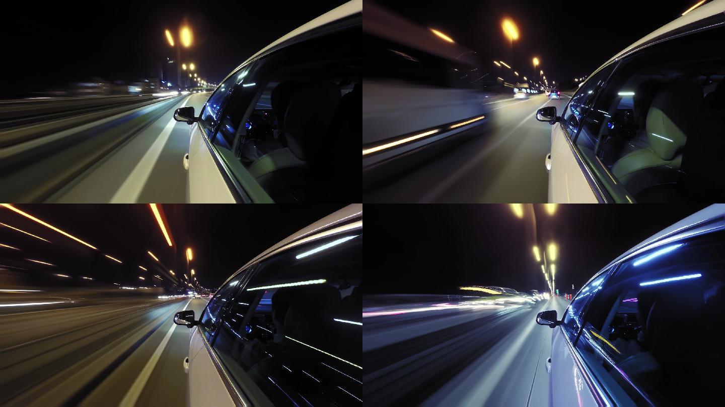 从车辆左侧拍摄的夜间驾驶延时镜头