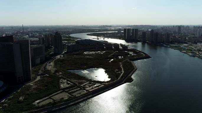航拍4K天津市滨海新区海河