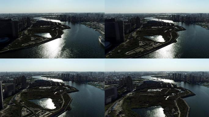 航拍4K天津市滨海新区海河