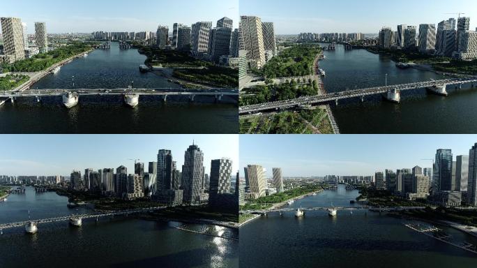 航拍4K天津市滨海新区海河开启桥