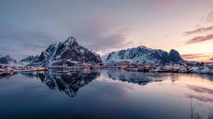 挪威渔村延时摄影西方国家人文美景风光美景