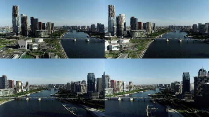 航拍4K天津市滨海新区海河开启桥和写字楼