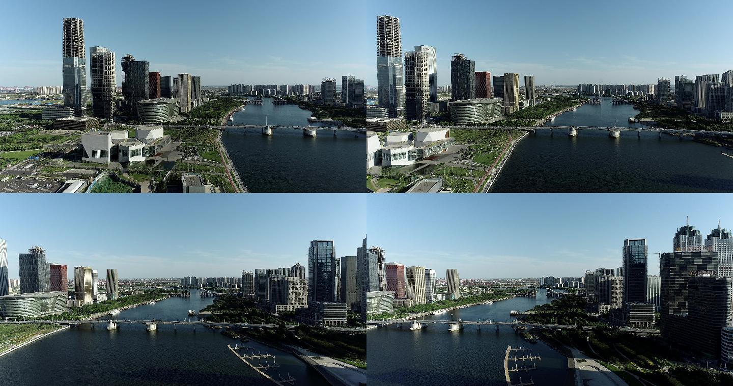 航拍4K天津市滨海新区海河开启桥和写字楼