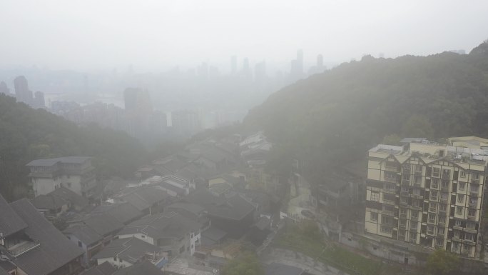 重庆大楼阴天雾雨航拍