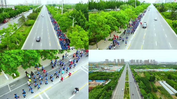 航拍沧州城市马拉松长跑健身运动