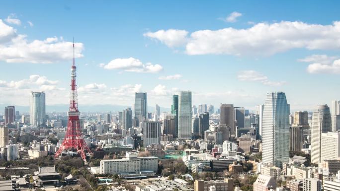 鸟瞰东京塔城市快速高速发展航拍延时大景空