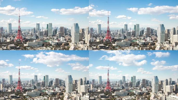 鸟瞰东京塔城市快速高速发展航拍延时大景空