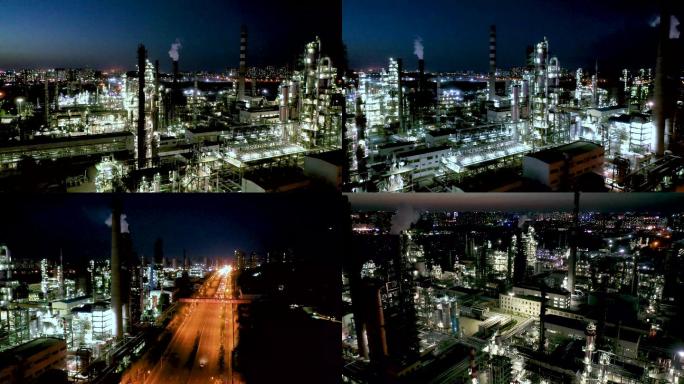 航拍夜色中济南炼油厂生产区灯火通明的场景