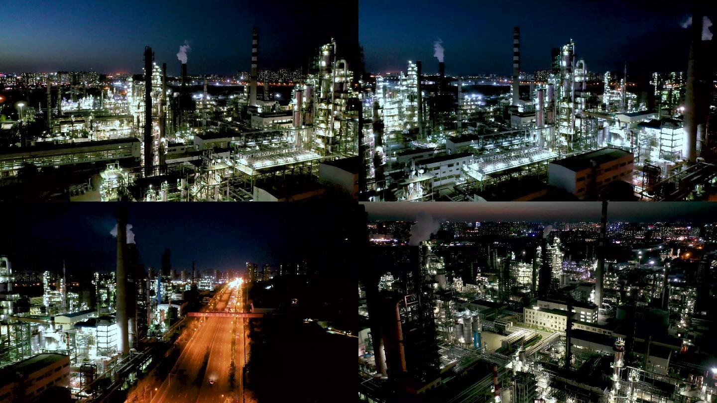 航拍夜色中济南炼油厂生产区灯火通明的场景