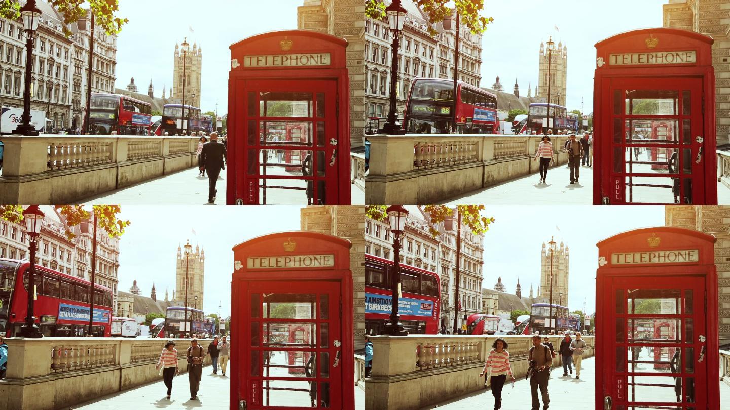 伦敦的三个象征红色的电话亭红色的双层巴士