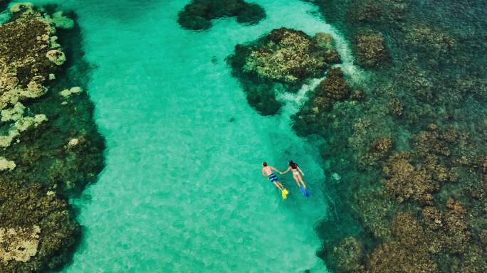 热带蓝海中年轻夫妇浮潜的鸟瞰图